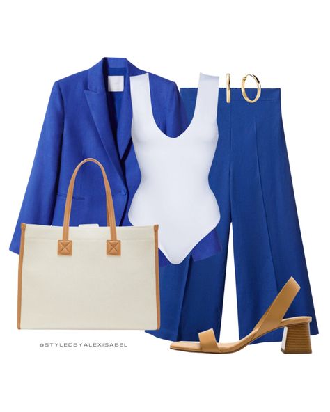 Cobalt blue pants suit with white sleeveless top and canvas tote with tan chunky heels. #StyledbyAlexIsabel #fashion #outfit #outfitideas #stylishworkattire #falloutfit Cobalt Blue Outfit, Comfy Casual Summer Outfits, Cobalt Blue Pants, Fall Work Outfit, Ideas For Organizing, Dress Pants Outfits, Life Hackers, Fall Style Guide, Stylish Work Attire