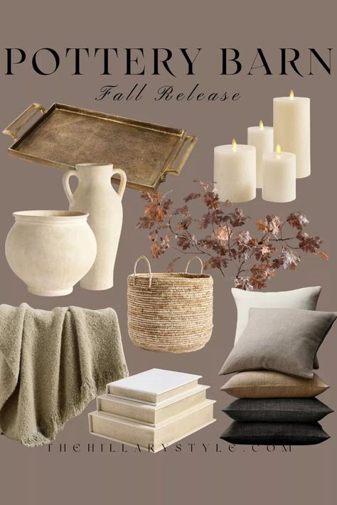 Pottery Barn New Fall Release: Home decor, vase, throw pillows, throw blanket, fall florals, basket, decorative books, gold tray. Pottery Barn Fall Decor, Pottery Barn Fall, Pottery Barn Decor, Modern Fall Decor, Gold Tray, Decor Vase, Fall Florals, Real Christmas Tree, Modern Fall