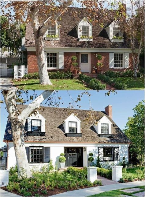 Cape House Exterior Colors, Cape Cod Makeover Exterior, White Brick Cape Cod Exterior, Cape Cod Brick House, Brick Cape Cod Exterior, Old Brick House Exterior, Colonial House Exterior Makeover, Old Brick House Exterior Makeover, Cape House Exterior