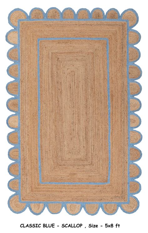 Scallop Jute Classic Blue Hand Made Rug - 2'x3' | Chairish Scalloped Rug, Mudroom Bathroom, Modern Home Style, Palm Beach Style, Chinoiserie Chic, Solid Rugs, Beach Design, Blue Hand, Tropical Palm