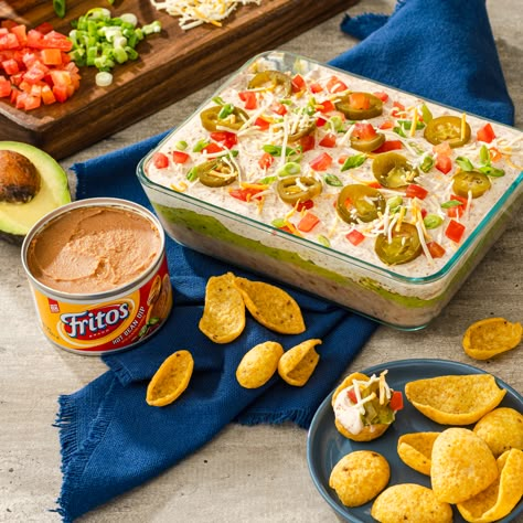 5 Layer Dip Mexican, Frito Lay Bean Dip Recipe, Frito Bean Dip Recipe, Frito Lay Bean Dip, Fritos Bean Dip, Layered Bean Dip Recipe, Easiest Appetizers, 7 Layer Bean Dip, Mexican Layer Dip