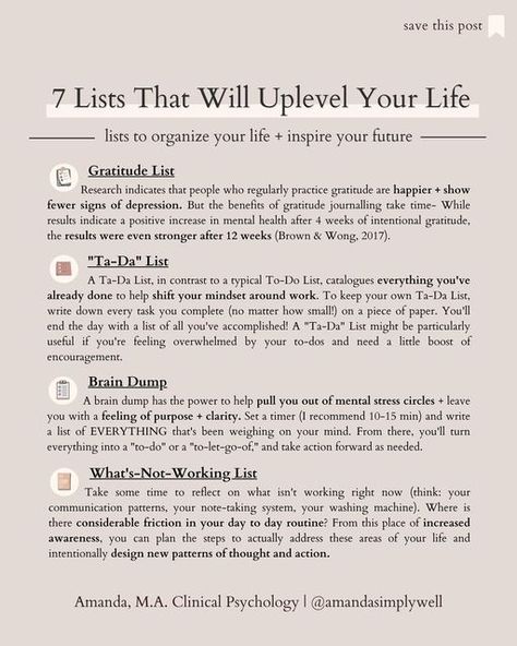 Amanda | Personal Growth Educator on Instagram: "You're probably familiar with the "to do list", but did you know you can make lists in all different areas of your life? ⬆️ Swipe through to see 6 different lists I regularly add to that improve my life. And try one out yourself! Throw it in a bullet journal, your Notes app, or any old notebook you have lying around! ⁣ Which one will you try? ��☀️ Follow @amandasimplywell for more on personal growth, passion projects and goal setting. 📌 Save this Improve My Life, Old Notebook, Healing Journaling, Notes App, Practicing Self Love, Self Care Bullet Journal, Writing Therapy, Vie Motivation, Get My Life Together