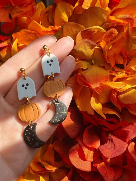 These earrings are made completely by hand from polymer clay, a durable and very lightweight material with a matte finish. They are attached to hypoallergenic findings so anyone can wear them!  To clean them, use mild soap and water. Although durable, handle with care so they have a longer life. Halloween Earrings Clay, Polymer Clay Fall Earrings, Polymer Clay Halloween Earrings, Fall Polymer Clay Earrings, Halloween Earrings Polymer Clay, Clay Earrings Halloween, Fall Polymer Clay, Fimo Halloween, Halloween Trio