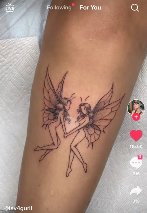 Mystical Matching Tattoos, Detailed Fairy Tattoo, Two Fairies Tattoo, Naked Fairy Tattoo, Fairy Tattoo Designs Unique, Fairies Tattoo, Small Fairy Tattoos, Different Tattoo Styles, Piercings For Women