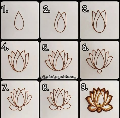 How To Draw Mehendi Designs, Lotus Mendhi Design, Mehandi For Beginners Step By Step, Mehandi Designs For Practice, How To Draw Henna Flowers, Basic Steps Of Mehandi, Mehndi Designs New Back Hand, Beginer Mehendi Design, Lotus Mehndi Design Step By Step