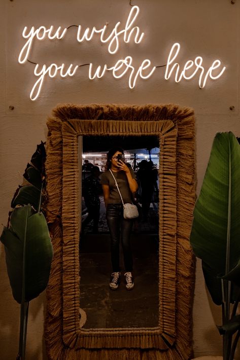 aesthetic mirror selfie converse plants bohemian vintage lights Selfie Mirror Design, Selfie Wall Restaurant, Restaurant Mirror Selfie, Spa Selfie Wall, Airbnb Selfie Wall, Selfie Mirror Decor, Mirror Selfie Decor, Hibachi Decor, Selfie Corner Ideas For Wedding