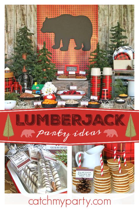 Check out this fun lumberjack birthday party! The dessert table is so cool! See more party ideas and share yours at CatchMyParty.com   #catchmyparty #partyideas #lumberjackbirthdayparty Lumberjack Christmas Party, Lumberjack Food Ideas, Lumberjack Centerpieces, Cabin Birthday Party Ideas, Lumberjack Birthday Party Food, Lumberjack Party Ideas, Lumberjack Birthday Party Decorations, Lumberjack Theme, Lumberjack Birthday Party