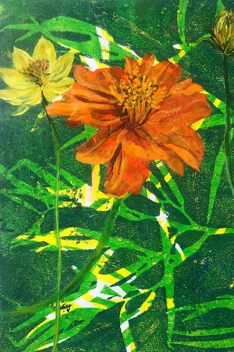 Luscious green botanical layered gel print with yellow and orange flowers handpainted on top by Gelli® artist Mary Beggs Bosley. Gel Printing, Gouache Paint, Gelli Arts, Acrylic Painting Flowers, Gelli Printing, Gelli Plate, Mixed Media Artwork, Printed Plates, Monoprint