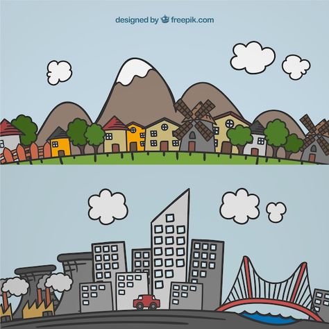 Hand drawn landscape of city and village | Premium Vector #Freepik #vector #city-drawing #city-sketch #hand-drawn-city #flat-city City Vs Country, Living Room Vector, Background Car, Village Drawing, Design City, City Vector, City Background, City Drawing, Winter Background