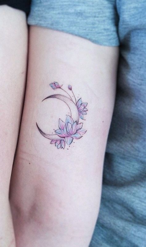 Pretty Thigh Tattoos Simple, Lily Moon Tattoo, Realistic Lotus Tattoo, Moon And Lotus Tattoo, Thigh Tattoo Simple, Simple Arm Tattoos, Wrist Tattoo Ideas, P Tattoo, Ear Tattoo Ideas