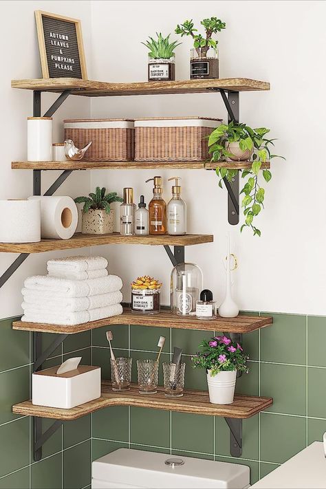 Cute bathroom idea :)! They are almost 45% off for a prime deal! Corner Floating Shelves, Float Shelf, Wall Mounted Corner Shelves, Floating Corner Shelves, Fa Fal, Rustic Wood Walls, Solid Wood Shelves, Wood Wall Shelf, Mounted Shelves