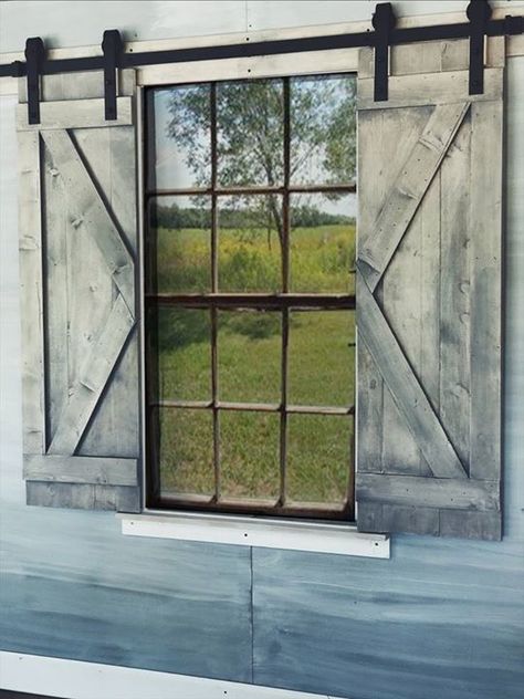 Rustic Farmhouse Shutters Exterior, Barn Door Shutters Exterior, Barndominium Shutter Ideas, Barn Window Ideas, Sliding Barn Door Window Shutters Exterior, Barn Door Outdoor Shutters, Interior Barn Door Window Shutters, Barn Door Shutters Indoor Windows, Barn Door Window Covering