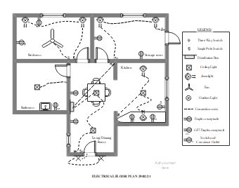 This electrical floor plan illustrates the electrical system of a residential house, detailing the placement of lights, switches, and outlets in different rooms including the bedroom, bathroom, kitchen, living/dining room, and storage room. It shows various electrical symbols such as ceiling lights, downlights, fans, and different types of switches like single-pole and three-way switches. Electrical Floor Plan Layout, Lighting Layout Floor Plans, Electrical Layout Plan Home, Kitchen Electrical Layout, Electrical Floor Plan, Electrical Plan Symbols, Lights Switches, Kitchen Living Dining Room, Floor Plan Symbols