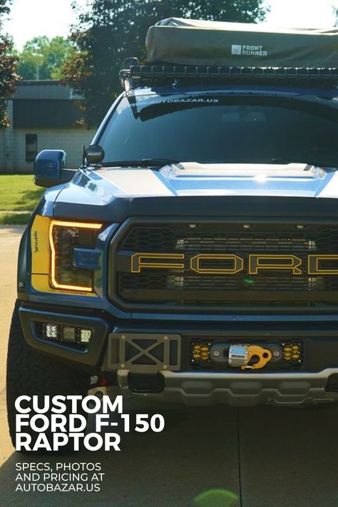 Here's the 2020 Ford Raptor custom built for overlanding. Lighting and exterior upgrades, suspension, truck bed accessories and platform with a tent on top, winch installed. Check out all accessories used, photos and pricing on autobazar website. #fordraptor #fordf150 #fordoffroad Ford Raptor Custom, Ford Off Road, Exterior Upgrades, Ford F 150 Raptor, Bed Accessories, Ford Raptor, Front Runner, Truck Bed Accessories, Ford F 150