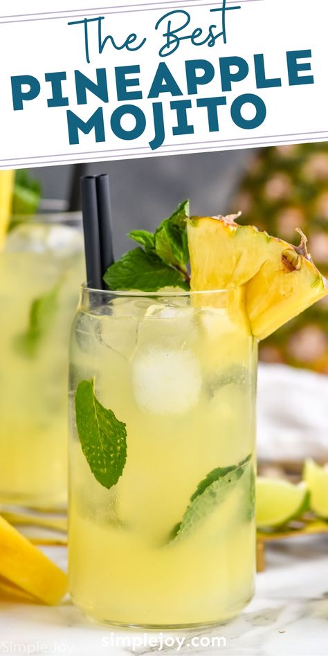 This Pineapple Mojito is the perfect piña colada twist on one of our favorite cocktails. A few extra simple ingredients kicks this mojito up a notch and will make it your favorite too! Fresh Pineapple Drinks Alcohol, Mojito Punch For A Crowd, Pineapple Mojito Mocktail, Malibu Mojito Recipe, Pineapple Cocktail Drinks, Cocktail With Pineapple, Pineapple Drinks Alcohol, Pineapple Alcohol Drinks, Group Drinks