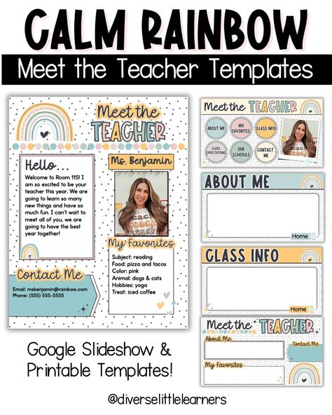 ✨FREEBIE✨ Introducing the debut resource from my “Calm Rainbow” classroom decor collection, and guess what? It’s available for you to download absolutely free! This “Meet the Teacher” resource features both printable templates and a digital slideshow, making it ideal for all your back to school events 🌈 I’m still working on several more resources for the bundle but I’ll be releasing the first half really soon so stay tuned 🥳 Comment FREEBIE and I’ll send you the link! . . . #teachersofi... Meet The Teacher Slideshow, Teacher Slideshow, Teacher Introduction, Teacher Planner Templates, Rainbow Classroom Decor, Meet The Teacher Template, Rainbow Classroom, Teacher Freebies, Teacher Templates