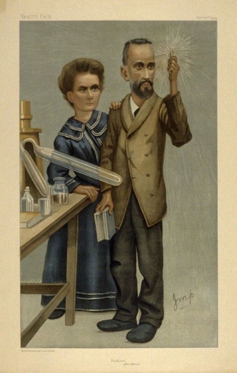 "Radium" (Monsieur and Madame Curie), People of the Day No.1, from Vanity Fair December 20, 1904. By Julius Mendes Price ('Imp'). He was a member of The Artists Rifles. Marie And Pierre Curie, Alexandre Arnault, Photograph Illustration, Shakespeare Romeo And Juliet, Bernard Arnault, Vanity Fair Magazine, Women Science, Victorian Life, Women In Science