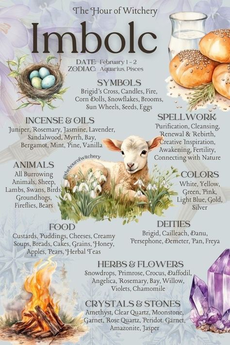 Wheel Of The Year Correspondences, Wheel Of The Year Imbolc, Sabbaths Of The Year, Imbolc Celebration Ideas, The Hour Of Witchery, Imbolc Symbols, Imbolc Correspondences, Imbolc Ideas, Imbolc Crafts