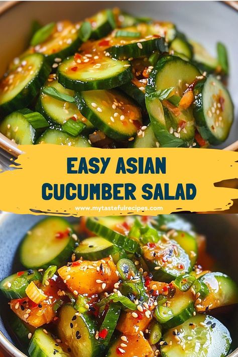 Crisp, crunchy, and full of flavor, this Easy Asian Cucumber Salad is a healthy side dish made with simple ingredients like cucumbers, sesame oil, and rice vinegar. A light, refreshing addition to any meal! Light Refreshment Ideas Food, Cucumber Asian Salad Sesame Oil, Recipes With Rice Vinegar, Easy Asian Cucumber Salad, Asian Cucumber Salad Recipe, Sesame Oil Recipes, Fresh Bruschetta, Cucumber Salad Vinegar, Easy Cucumber Salad