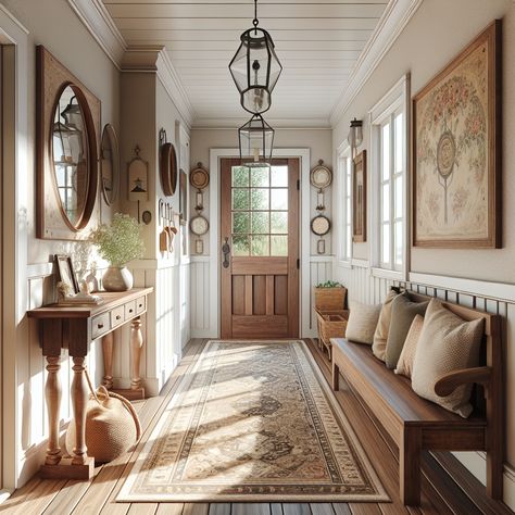 It should capture aspects such as natural lighting filtering in from the window, hardwood flooring extending through the space, and antique wall hangings that add a touch of warmth. Apart from this, there should be a beautifully crafted wooden bench on one side, a vintage-style mirror hanging above it, and patterned throw rugs dotting the path. The color palette should lean towards neutral tones. This image is intended to serve as inspiration for a hallway remodel. Traditional House Entryway, Georgian Entryway, Wide Entry Hallway Ideas, House Entrance Hallway, Cozy Entryway Ideas, Entry Hallway Ideas, Farmhouse Foyer, Farmhouse Hallway, English Farmhouse