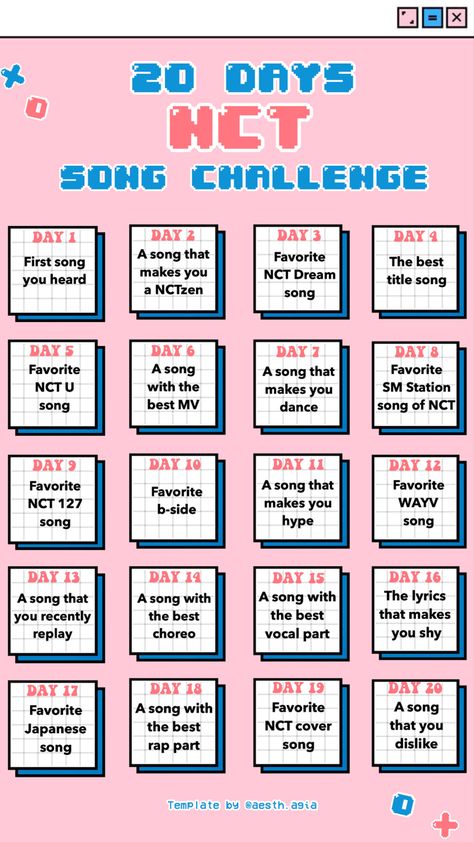 Kpop Club Ideas, 30 Days Of Kpop, Nct Template, Kpop Bingo, Kpop Games, Kpop Challenge, 30 Day Music Challenge, Kpop Quiz, Art Journal Challenge