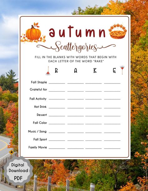 Autumn Scattergories Game | Fall Fun Game | Party Games | Family Activity Family | Zoom Party | Icebreaker | Instant Download l Thanksgiving Scattergories Lists, Fall Party Games, Scattergories Game, Sleepover Party Games, Summer Party Games, Free Family Activities, Pool Party Games, Graduation Party Games, Holiday Party Games