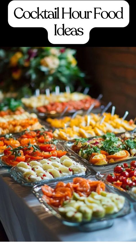 A close-up of unique cocktail hour food ideas displayed on an elegant wedding table with wine glasses. Cocktail Night Food Ideas, Appetizer For Cocktail Party, Appetizers For Martini Party, Easy Cocktail Hour Food, Cocktail Food Ideas Wedding, Upscale Appetizers For Wedding, Cocktail Party Recipes Food, Wedding Reception Appetizers Diy, Happy Hour Wedding Shower Ideas