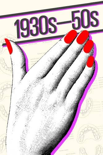 1950s Nails, Nail Polish Illustration, Elegant French Tip Nails, 50s Halloween, Period Makeup, Polish Illustration, Vintage Nail Polish, Illustration Education, Authentic Aesthetic