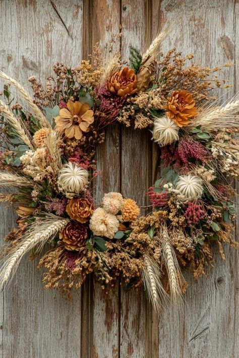 Make your own Thanksgiving wreaths with wheat and dried florals for a rustic, seasonal touch. #ThanksgivingDIY #WreathDecor #SeasonalStyle Autumn Wreath Ideas, Dried Floral Wreath, Dried Floral Wreaths, Dried Florals, Thanksgiving Diy, Autumn Wreath, Thanksgiving Wreaths, Dried Floral, Autumn Wreaths