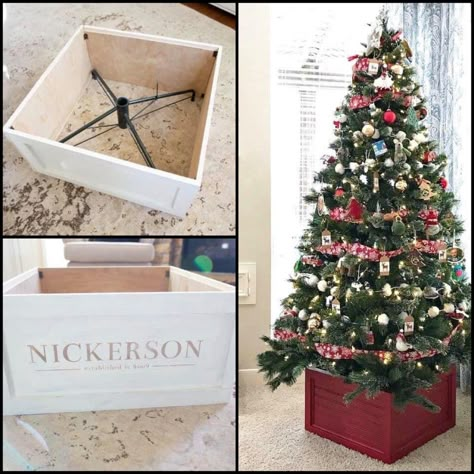 Christmas Tree Stand Diy, Christmas Tree Box Stand, Creative Christmas Cards, Christmas Tree Wooden, Christmas Gift Games, Christmas Tree Base, Christmas Tree Box, Christmas Decorations Diy Crafts, Silver Christmas Decorations