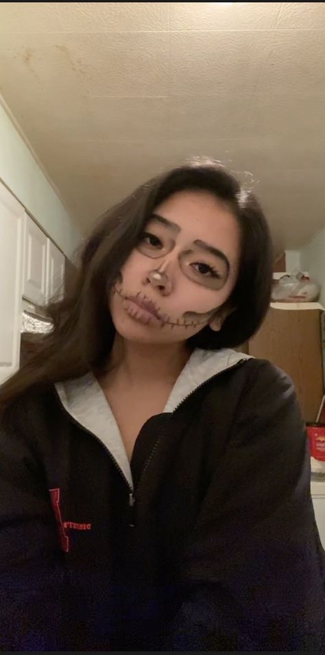 Halloween inspo, skeleton, makeup Skeleton Makeup Step By Step, Basic Skeleton Makeup, Light Skeleton Makeup, Girl Skeleton Makeup, Cute Skeleton Costume, Cute Skeleton Makeup, Skeleton Makeup Easy, Simple Skeleton Makeup, Halloween Face Paint Scary