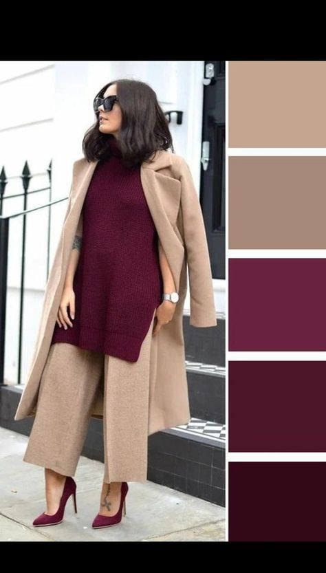 Burgundy Colour Combinations Outfit, Feminine Menswear For Women, Winter Color Combinations Outfit Ideas, Khaki Color Combination Outfit, Trendy Winter Coats, Colour Combinations Fashion, Mix Match Outfits, Color Combos Outfit, Combination Fashion