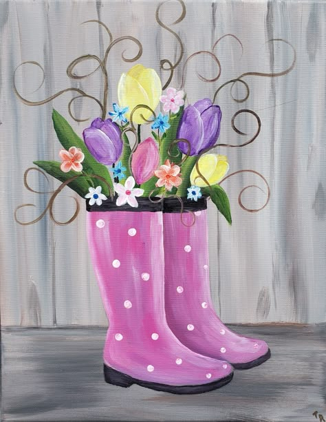 Easy Spring Acrylic Paintings, Moose Paintings, Easter Canvas Painting, Spring Painting Ideas, Spring Flower Painting, Boots With Flowers, Paint Nite Ideas, Spring Canvas, Easter Paintings