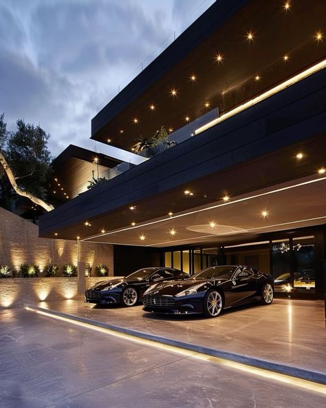 Modern Mansion Garage, Luxury Parking Garage, Car Porch Ceiling Design, Big House Luxury, House Car Parking, Luxury Car Parking, Car Garage Aesthetic, Contemporary Carport, Luxury Car Garage Design