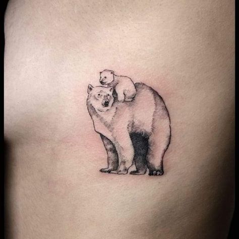 Bear Moon Tattoo, Mom And Baby Bear Tattoo, Mama Bear Baby Bear Tattoo, Bear With Cubs Tattoo, Fine Line Bear Tattoo, Bear And Cub Tattoo, Bear Cub Tattoo, Papa Bear Tattoo, Bear Tattoo Ideas For Women