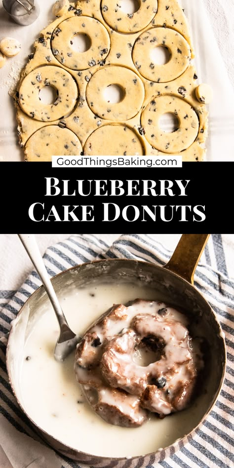 These blueberry cake donuts will rival any that you find at your favorite donut shop. They're deep fried with a crackly layer of glaze and a tender, lightly sweet center. Easy Blueberry Cake, Cake Donuts Baked, Blueberry Cake Donuts, Cake Donuts Recipe, Homemade Donuts Recipe, Homemade Donuts, Food Production, Doughnut Recipe, Baking Company