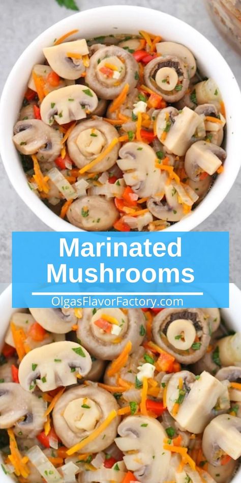 Marinated mushrooms are such a great appetizer and can be served with just about any menu. With the addition of onion, carrots, bell peppers and garlic, these mushrooms are so flavorful. Marinated Mushrooms Recipe, Make Ahead Appetizer, Pickled Vegetables Recipe, Make Ahead Appetizers, Marinated Mushrooms, Canned Mushrooms, Best Appetizer Recipes, Appetizer Menu, Great Appetizers