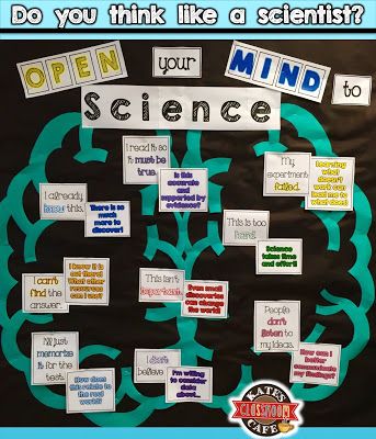 Science Mindset Bulletin Board I heard a "ting" during my most challenging class today and was reminded that I had yet to check my inbox. So, after the students scurried out the door,  I sat down to c Classroom Cafe, Mindset Bulletin Board, Science Lessons Middle School, Science Bulletin Boards, Science Display, Growth Mindset Bulletin Board, Middle School Science Classroom, Science Room, Science Classroom Decorations