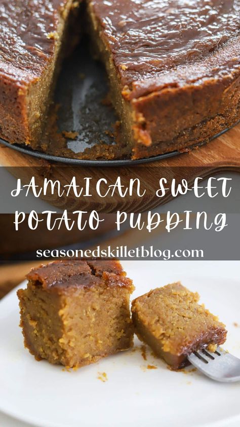 Jamaican Sweet Potato Pudding is a rich, oven-baked dessert dotted with rum-soaked raisins and finished with a silky smooth custard topping. This Caribbean treat is made with sweet potatoes, coconut milk, a touch of ginger and island spices for a truly indulgent experience. Enjoy this anytime treat in the morning, after dinner or on a special occasion. Jamaican Sweet Potato, Jamaican Sweet Potato Pudding, Jamaican Desserts, Sweet Potato Dessert, Sweet Potato Pudding, Potato Pudding, Jamaican Dishes, Island Food, Potato Pie