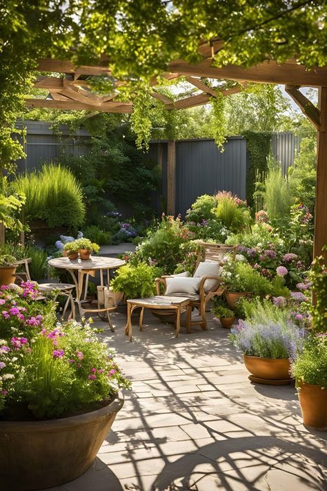 Small Garden Decking Ideas Patio, Small Two Level Garden Ideas, Cottage Garden Potted Plants, Patio Steps Up To Garden, Paved Small Garden Ideas, Sunken Seating Area Garden With Pergola, Small Garden Grass Ideas, Beautiful Courtyard Gardens, Pergola Cottage Garden