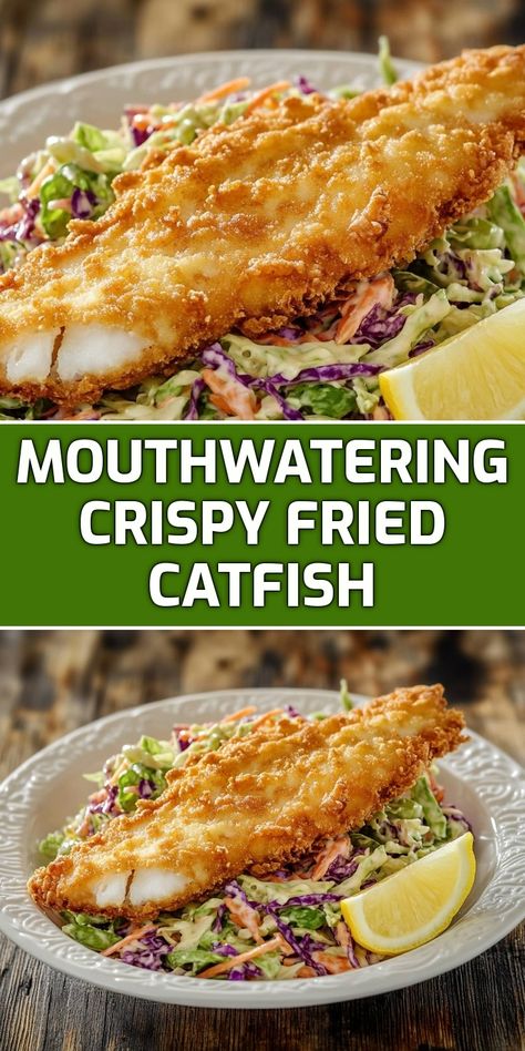 Get ready to savor the crunch and flavor of my Mouthwatering Crispy Fried Catfish! This recipe brings the perfect balance of crispy coating and tender fish, served over a bed of vibrant coleslaw. It's not just a meal; it's a delightful experience that will leave you craving more! Serve it with a wedge of lemon for that extra zing. Fried Fish Dinner Ideas Sides, Catfish Salad, Fish Recipes Fried, Crispy Fried Catfish, Fried Catfish Recipe, Mashed Potatoes And Green Beans, Catfish Recipe, Potatoes And Green Beans, Grilled Halibut