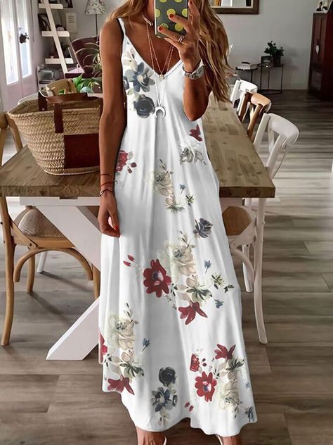 7e9e346dc5fd268b49bf418523af8679desc52955722ri Long Flare Dress, Flare Dress Casual, A Line Long Dress, Printed Beach Dresses, Beach Party Dress, Boho Dresses Long, 파티 드레스, Loose Maxi Dress, Spaghetti Strap Maxi Dress