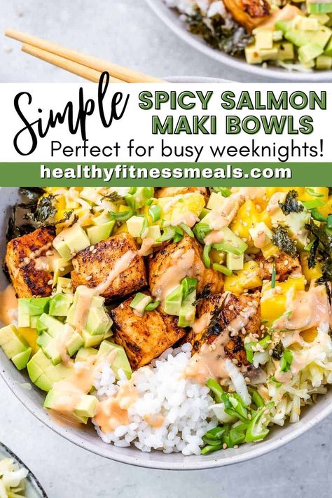 Simple Sushi Bowl, Spicy Salmon Sushi Bowl, Salmon Bowl Meal Prep, Sushi Salmon Bowl, Spicy Salmon Bowl, Salmon Sushi Bowl, Deconstructed Sushi, Spicy Salmon Sushi, Sushi Bowl Recipe