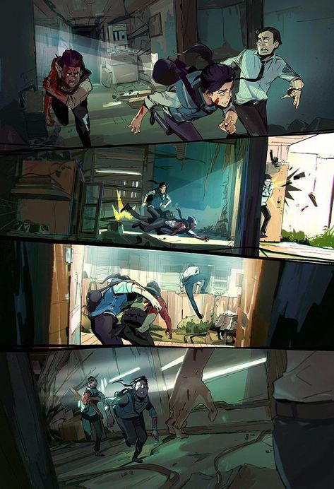 Comic Illustration Graphic Novels, Character Scenes Art, Jumping Over Wall Reference, Graphic Novel Art Styles, Many Characters Composition, Comic Page Composition, Chase Scene Storyboard, Cool Comic Panels, Kizerilla Art