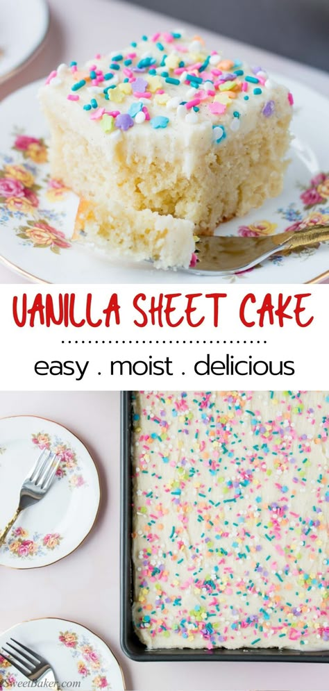 This delicious vanilla sheet cake is soft, moist and topped with a fluffy vanilla buttercream. It’s the ultimate dream cake for vanilla lovers. Make this easy dessert recipe for your next special occasion or any occasion! Fluffy Vanilla Buttercream, Vanilla Sheet Cake, Vanilla Sheet Cakes, Homemade Vanilla Cake, Birthday Sheet Cakes, Sheet Cake Recipes, Vanilla Cake Recipe, Dream Cake, Cupcake Cake