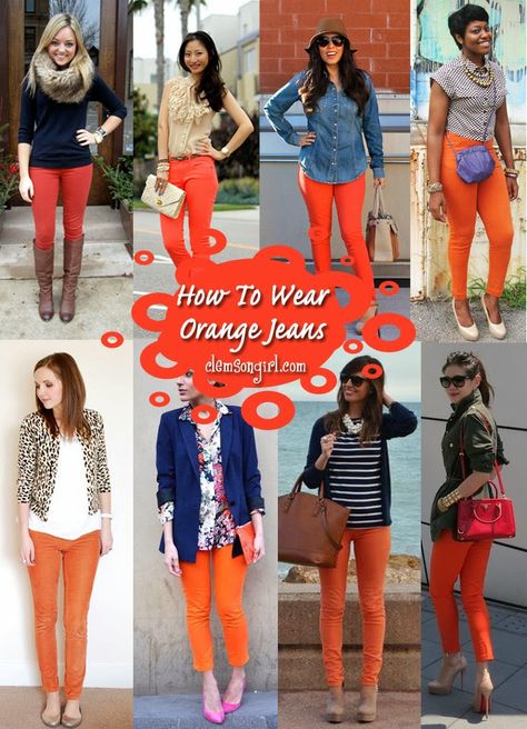 Clemson Girl - How to wear #orange jeans for gameday or any day! #Clemson #tigers #gameday #fashion Orange And Gray Outfit Ideas, Colors To Pair With Orange Clothes, Orange Jogger Pants Outfit, Orange Denim Pants Outfit, Orange Chinos Outfit Women, Auburn Pants Outfit, Outfits With Burnt Orange Pants, Bright Orange Pants Outfit, Orange Pants Fall Outfit