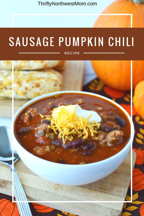 This Slow Cooker Sausage Pumpkin Chili is a delicious fall comfort food Sausage Chili, Slow Cooker Sausage, Rv Cooking, Pumpkin Chili Recipe, Friends Recipes, Pumpkin Chili, Fall Soup, Fall Evening, Fall Comfort Food