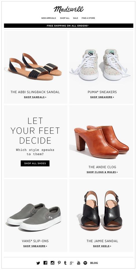 Madewell email. Subject line, School essentials $75 and under. Footwear Ads, Email Newsletter Inspiration, Edm Ideas, Mailing Design, Edm Design, Email Layout, Email Inspiration, Apps Design, Email Ideas