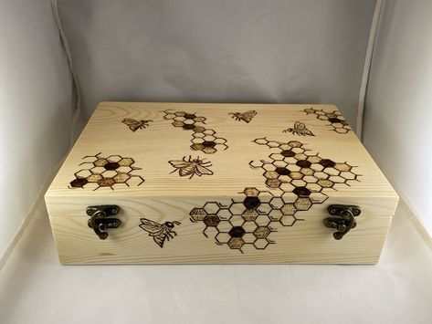 Honeybee Honeycomb Large Wood Burned Trinket Box | Wood Burn Art/Pyrography | Treasure Chest | Jewelry Keepsake Storage | Bumblebee Hexagon by HappyThoughts108 on Etsy Pyrography Designs, Keepsake Storage, Chest Jewelry, Memory Boxes, Woodburning Projects, Bee Honeycomb, Wood Burning Crafts, Wood Burning Art, Shine Your Light