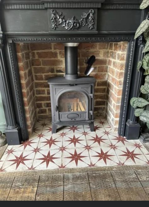 Coloured Log Burner, Log Burner Living Room Victorian, Victorian House Log Burner, Victorian House Fireplace, 1930s Brick Fireplace, Tiled Hearth Log Burner, Blocked Off Fireplace Ideas, Wood Burner Tiled Hearth, Wood Stove In A Fireplace